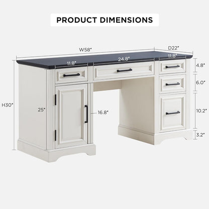 Farmhouse Wood 58" Executive Desk, Home Office 30" High Computer Desk with Drawers and Storage Cabinet, White
