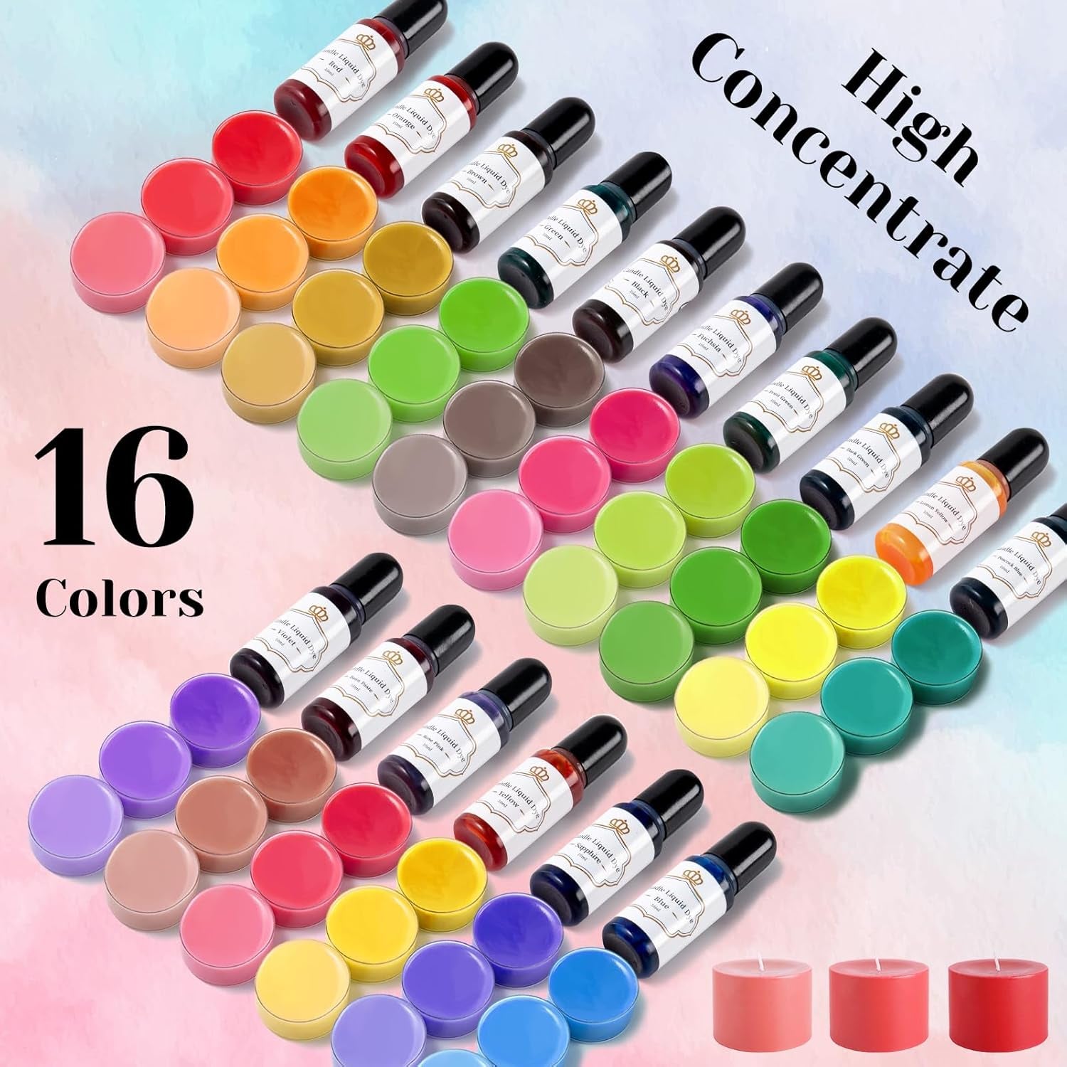 Candle Dye - 16 Vivid Colors Liquid Candle Wax Dye, High Concentrate Candle Dye for Soy Wax, Beeswax, Gel Wax, Palm Wax - 10Ml/ 0.35 Oz