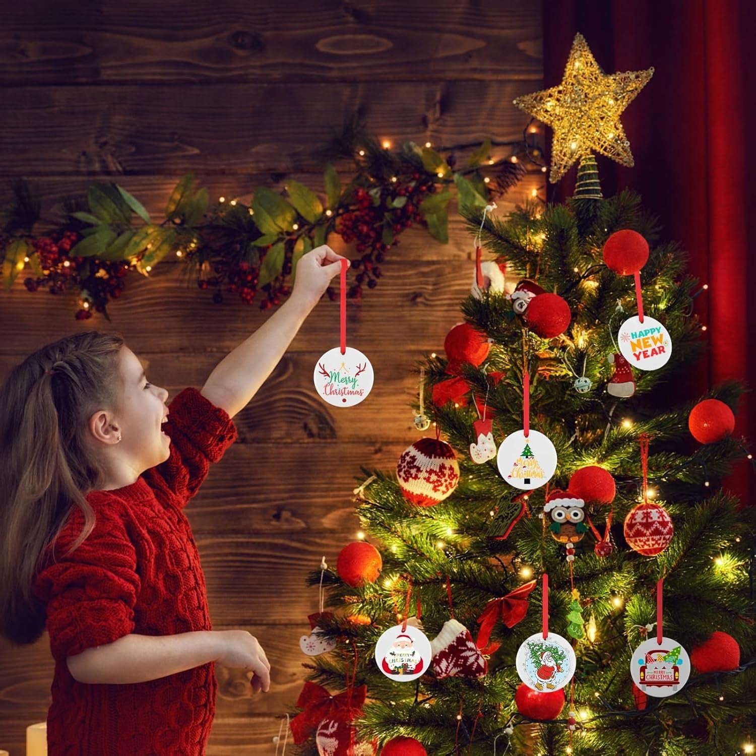 Sublimation Ornament Blanks 24PCS - Sublimation Christmas Ornament Blanks Ceramic Decorations - Baby Shower Decorations Sublimation Ceramic Ornaments Blanks with Red Strings (2.87In)