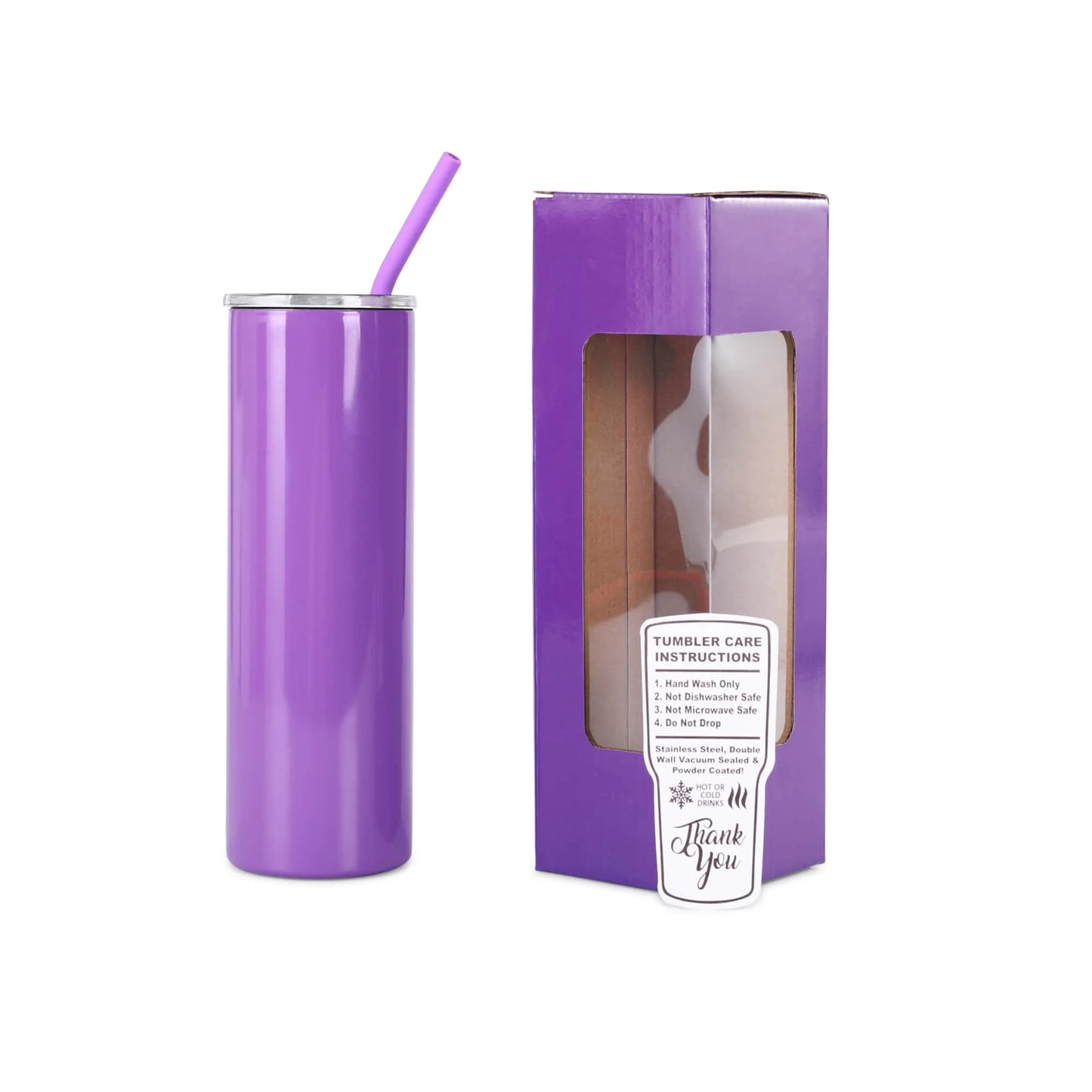 Makerflo 20Oz Skinny Powder Coated Glossy Tumbler with Handle Option – Leak-Proof Lid, Silicone Straw & Gift Box – Customizable with Laser Engraving, UV Printing, Epoxy & UV DTF (Purple)