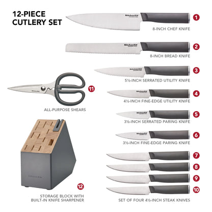 Classic 12-Piece Japanese Steel Knife Block Set with Built-In Knife Sharpener, Charcoal Gray