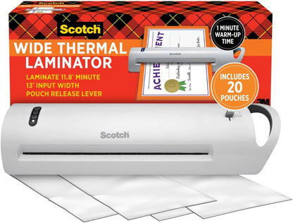Scotch® Thermal Laminator Combo Pack, 1 White Thermal Laminator 13" Wide, 20 Laminating Sheets, Fits Letter Size