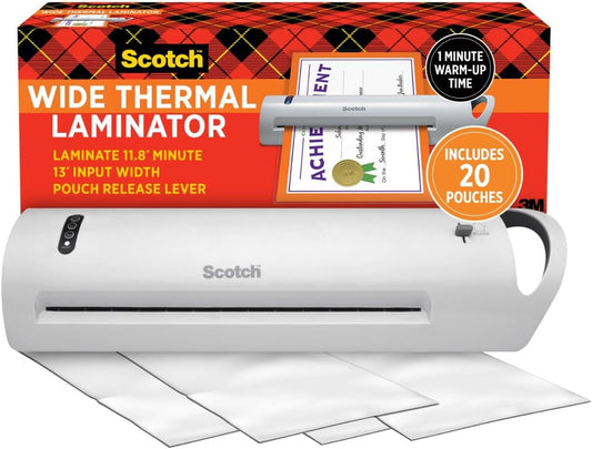 Scotch® Thermal Laminator Combo Pack, 1 White Thermal Laminator 13" Wide, 20 Laminating Sheets, Fits Letter Size
