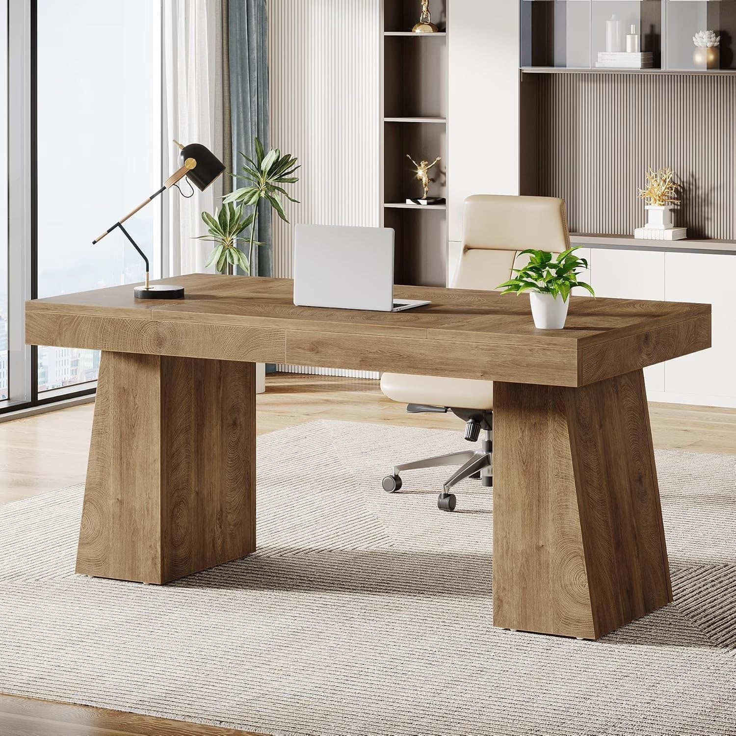 55 Inches Executive Desk, Mid-Century Modern Home Office Desk with Double Trapezoid Base