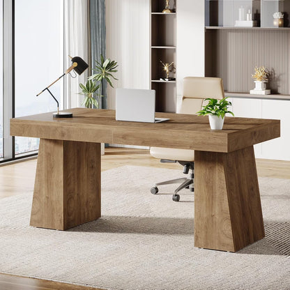 55 Inches Executive Desk, Mid-Century Modern Home Office Desk with Double Trapezoid Base