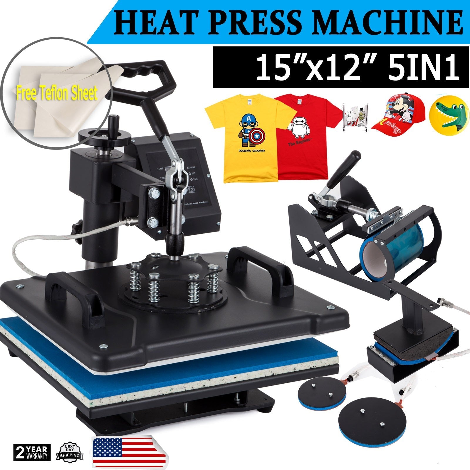 5 in 1 Heat Press Machine Digital Transfer Sublimation T Shirt Hat Plate Cap Mug