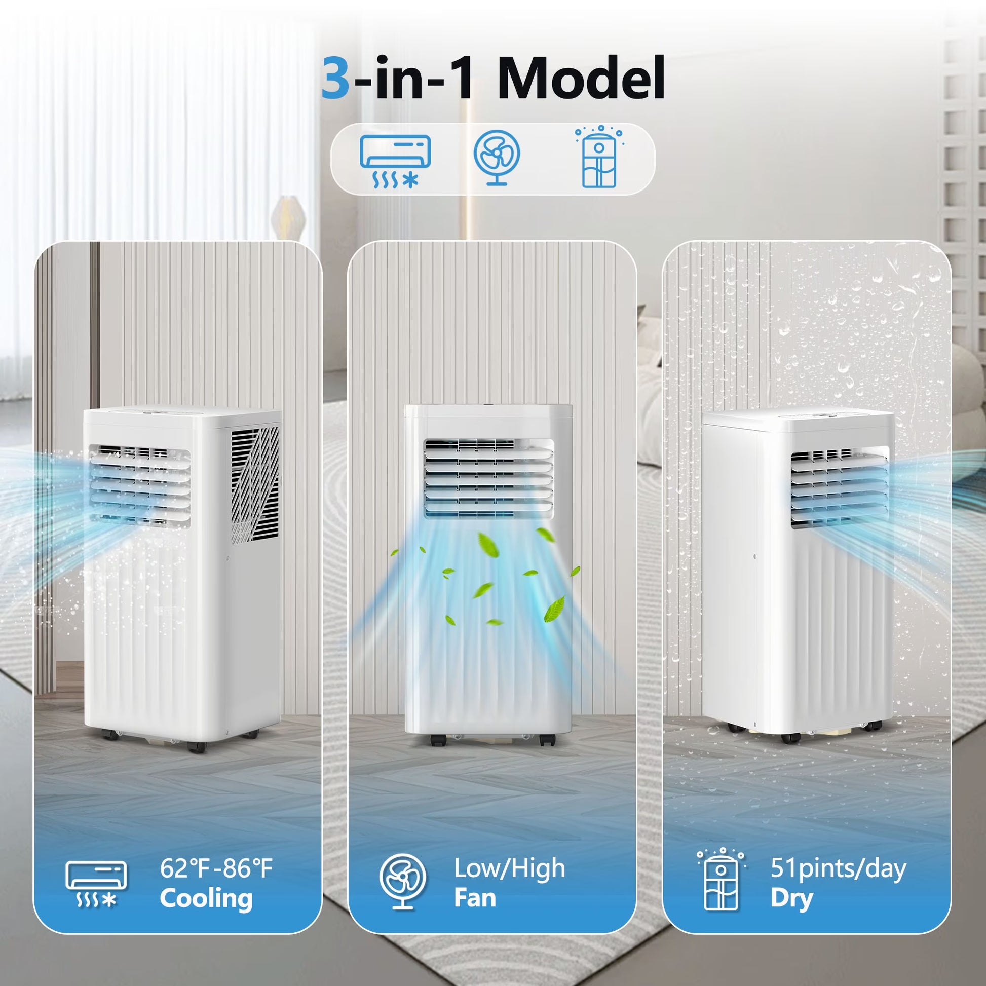 Portable Air Conditioners 8000 BTU Ashrae– 3-In-1 AC Unit, Dehumidifier & Fan with 24-Hour Timer/Remote Control for Home/Office/Apartments/Dorm