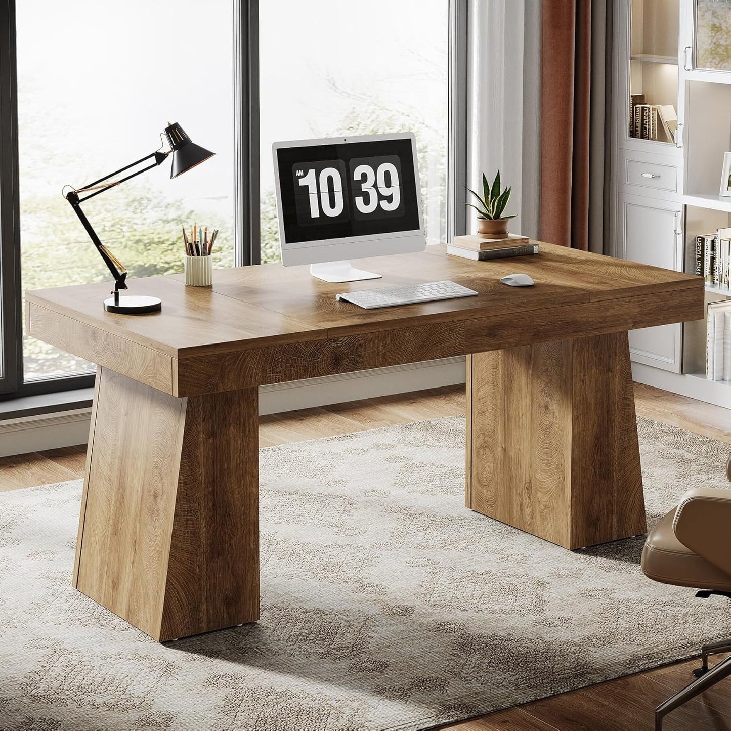 55 Inches Executive Desk, Mid-Century Modern Home Office Desk with Double Trapezoid Base