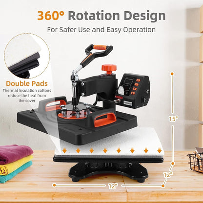 Heat Press Machine,  12 X 15 Inch, 6 In1 Heat Press, 800W Sublimation Machine, 360° Rotation Swing-Away Heat Press, Dual-Tube Heating Printing for DIY T-Shirts Cap Mugs