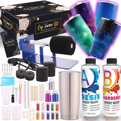 Alloytop Cup Turner Kit with Epoxy Resin Kit for Beginner - Stainless Steel Turners Tumblers Machine Tool Art DIY Supplies Glitters Silicone Pads Brush Spinner Clear Foams Plastic Cups Wooden Sticks