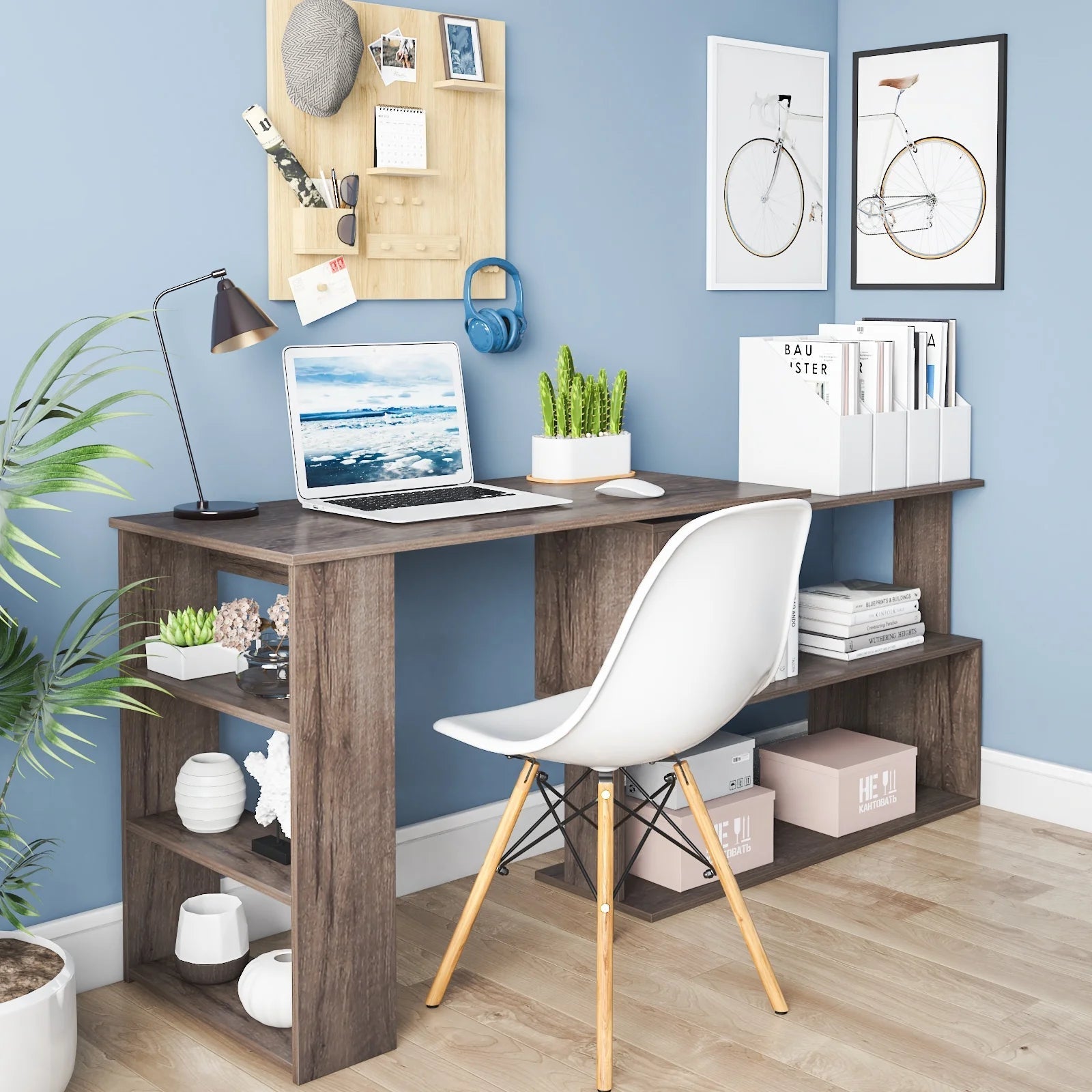 360° Rotating Computer Desk with Storage Large Office Desk with Open Bookshelves Corner Desk with File Cabinet Writing Desk Workstation for Home Office