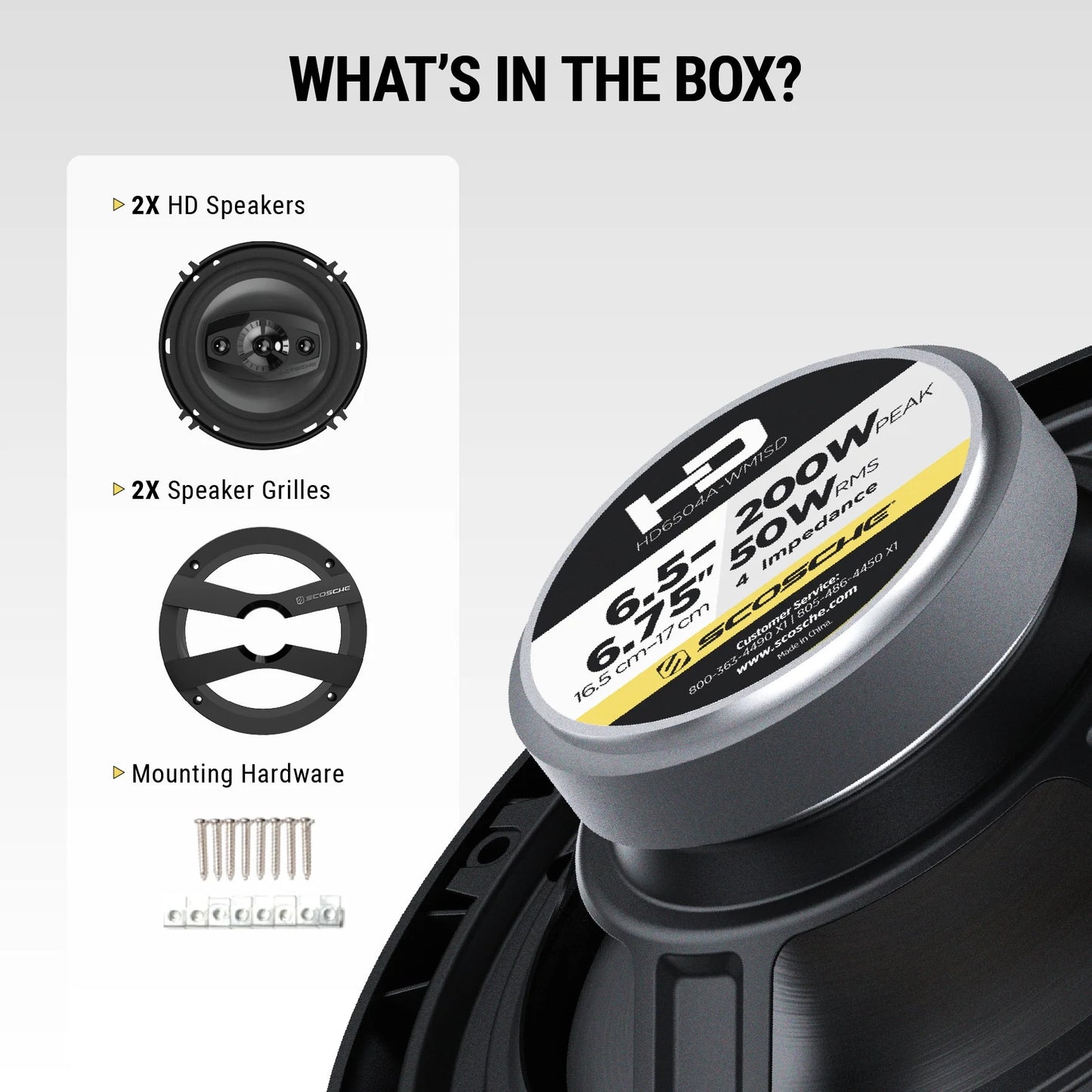 6.5" 4-Way Car Audio Speaker Pair – 200W Peak Power – Precision HD Sound, HD6504A-WM1SD