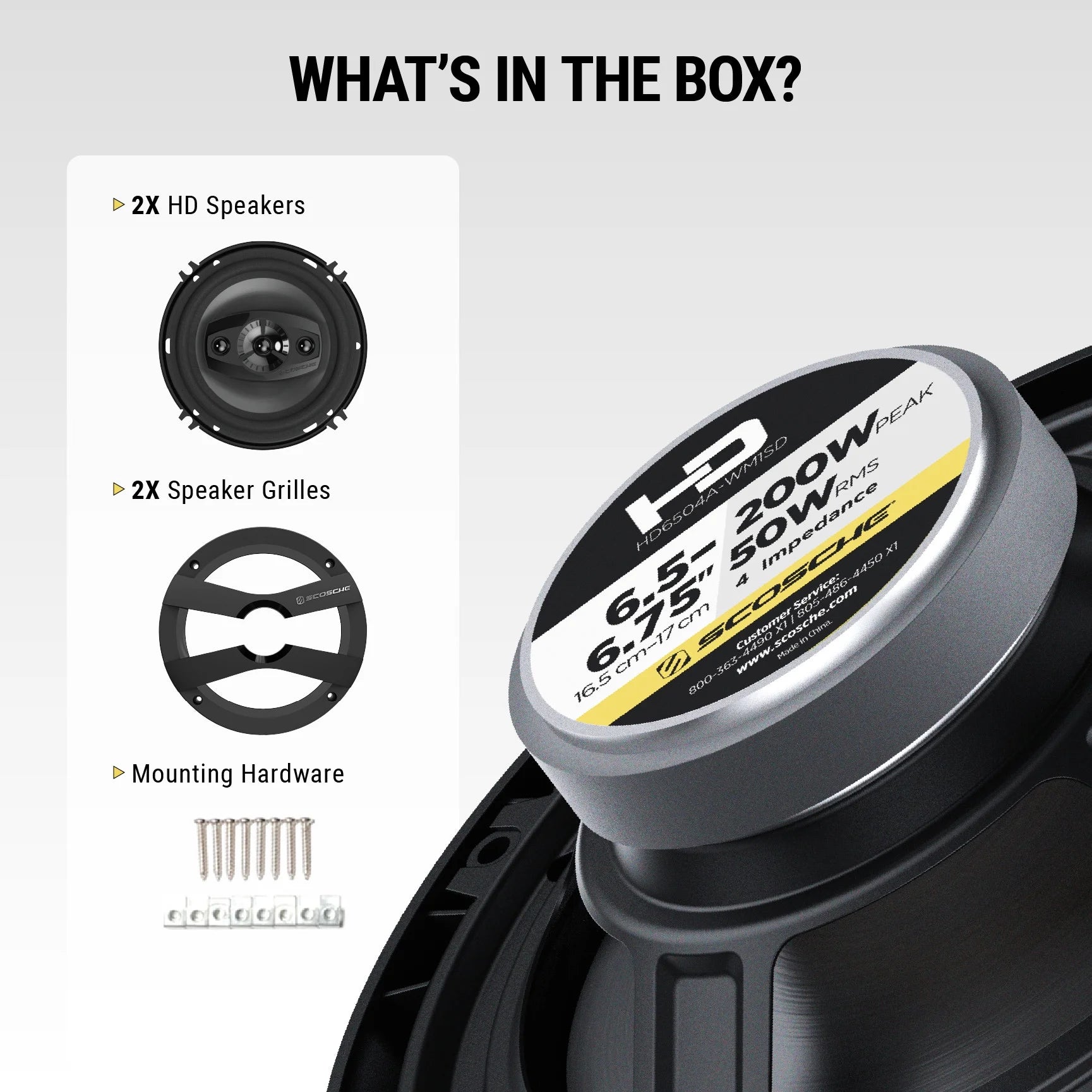 6.5" 4-Way Car Audio Speaker Pair – 200W Peak Power – Precision HD Sound, HD6504A-WM1SD