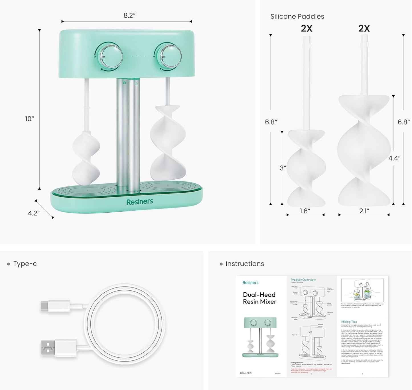 Dual-Head Resin Mixer with Spiral Silicone Paddles, Rechargeable Epoxy Mixer, Stepless Speed & Minimum Bubbles, Electric Stirrer for Resin,Silicone,Paint Mixing,Resin Tools,Diy Crafts