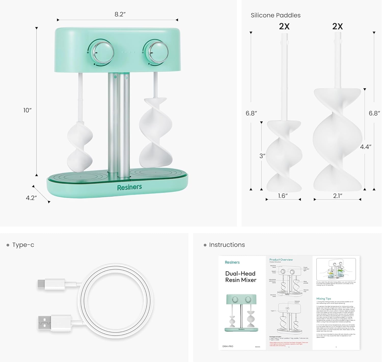 Dual-Head Resin Mixer with Spiral Silicone Paddles, Rechargeable Epoxy Mixer, Stepless Speed & Minimum Bubbles, Electric Stirrer for Resin,Silicone,Paint Mixing,Resin Tools,Diy Crafts