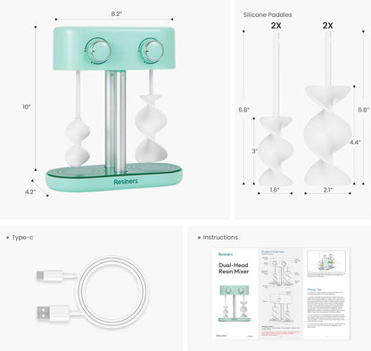 Dual-Head Resin Mixer with Spiral Silicone Paddles, Rechargeable Epoxy Mixer, Stepless Speed & Minimum Bubbles, Electric Stirrer for Resin,Silicone,Paint Mixing,Resin Tools,Diy Crafts
