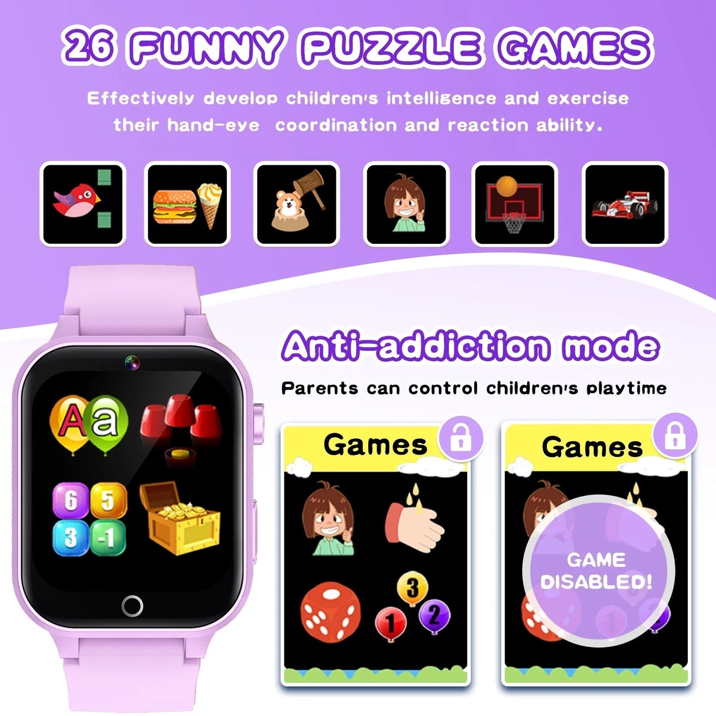 1.54" Smart Watch for Girls Smart Watch for Kids with Camera Games Pedometer Video MP3 Flashlights Calculator Alarm Clock Children Touch Screen Purple