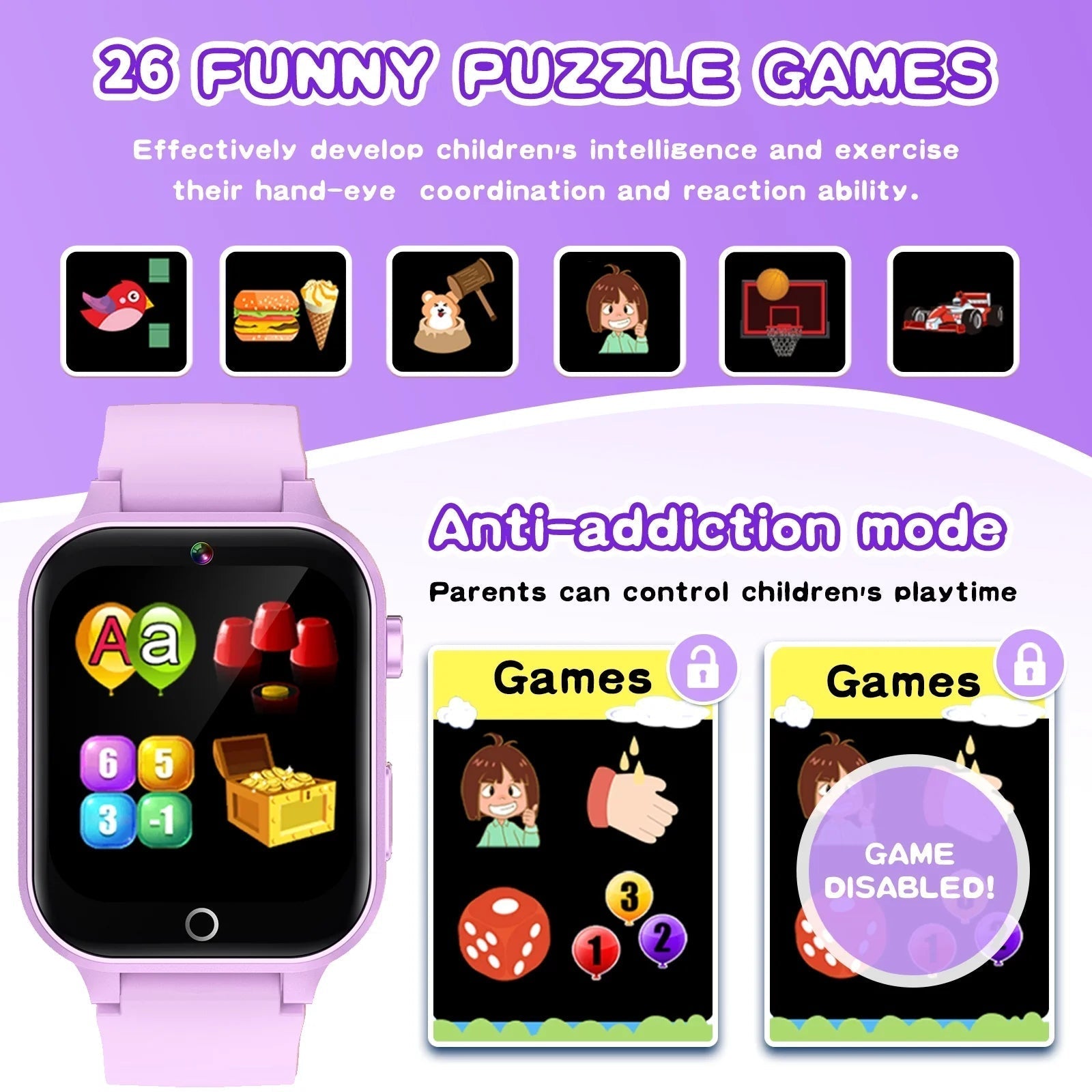 1.54" Smart Watch for Girls Smart Watch for Kids with Camera Games Pedometer Video MP3 Flashlights Calculator Alarm Clock Children Touch Screen Purple