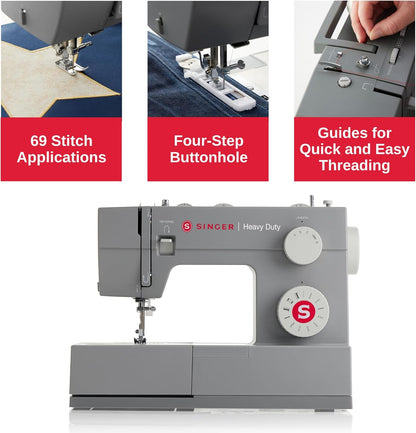SINGER Heavy Duty 4411 High-Speed Sewing Machine with Accessory Kit | Strong Motor, Enhanced Piercing Power, 69 Stitch Applications, Full Metal Frame, 4-Step Buttonhole & LED Light, Grey
