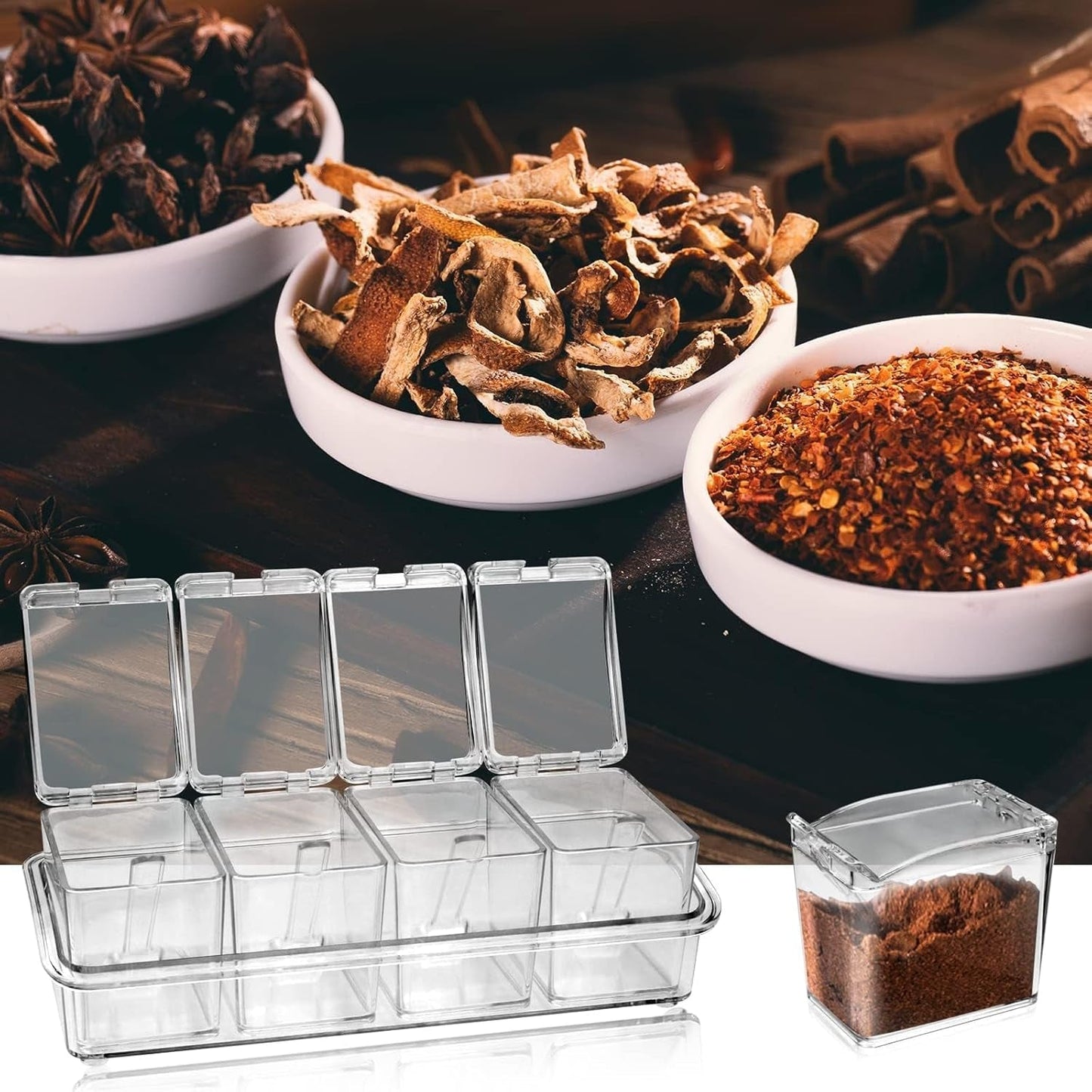 Clear Seasoning Box, 4 Pieces Seasoning Rack Spice Pots, Storage Container Condiment Jars Acrylic with Cover and Spoon for Sugar Salt Cardamon Cinnamon Tea Herbal (Basic Clear)