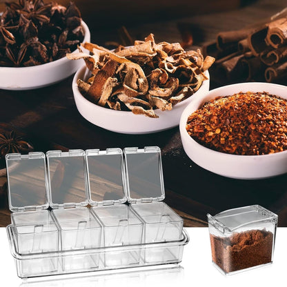 Clear Seasoning Box, 4 Pieces Seasoning Rack Spice Pots, Storage Container Condiment Jars Acrylic with Cover and Spoon for Sugar Salt Cardamon Cinnamon Tea Herbal (Basic Clear)