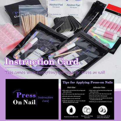 Disposable Nail Supplies Kits,Professional Manicure Press on Nail Tool Kit with Nail File,Adhesive Tabs,Nail Glue,Sticks, Prep Pads,Bags,Cards for Nail Business(Black-140Pcs20Set)