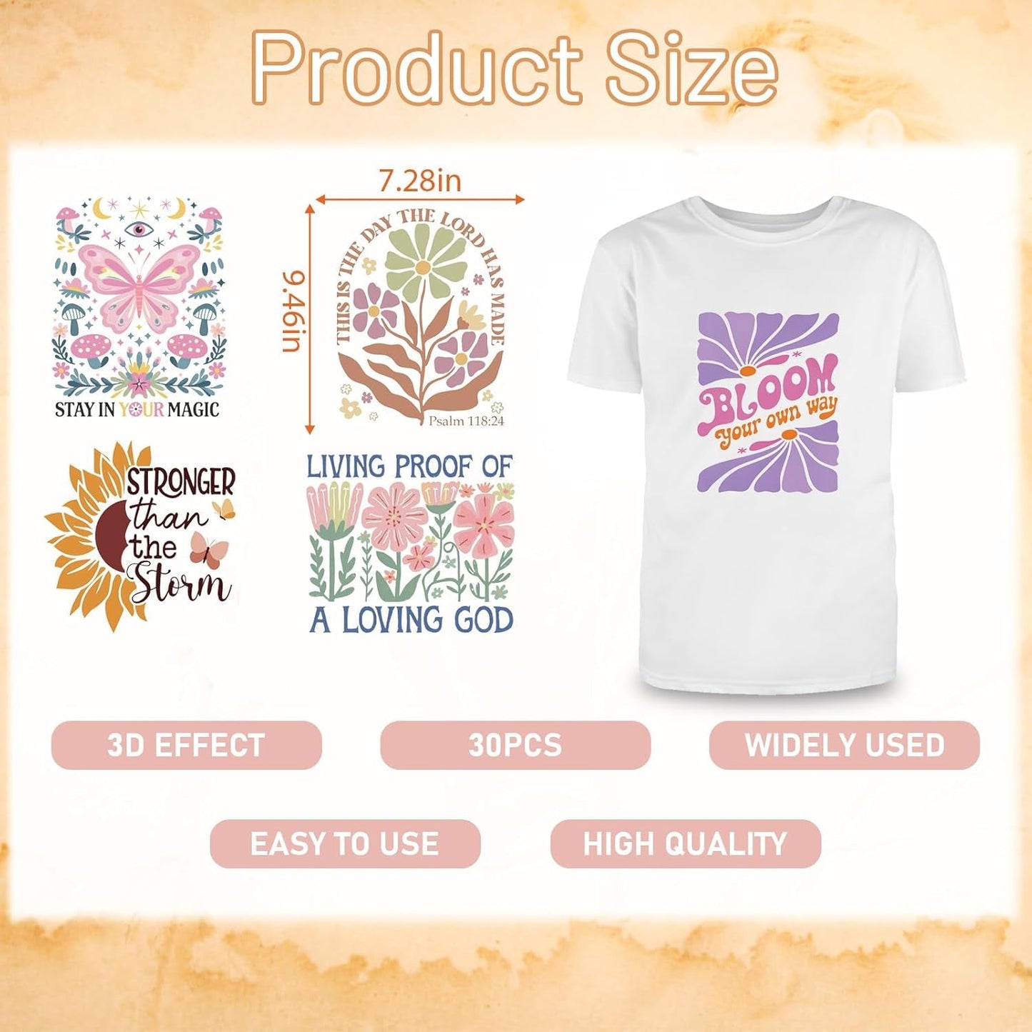 Dtf Transfers Ready to Press - 30 Sheets Boho Floral Iron on Transfers for T Shirts Stickers, Inspirational Bible Heat Transfer Vinyl Crafts, Flowers Iron on Decals for Clothes Bags DIY Designs