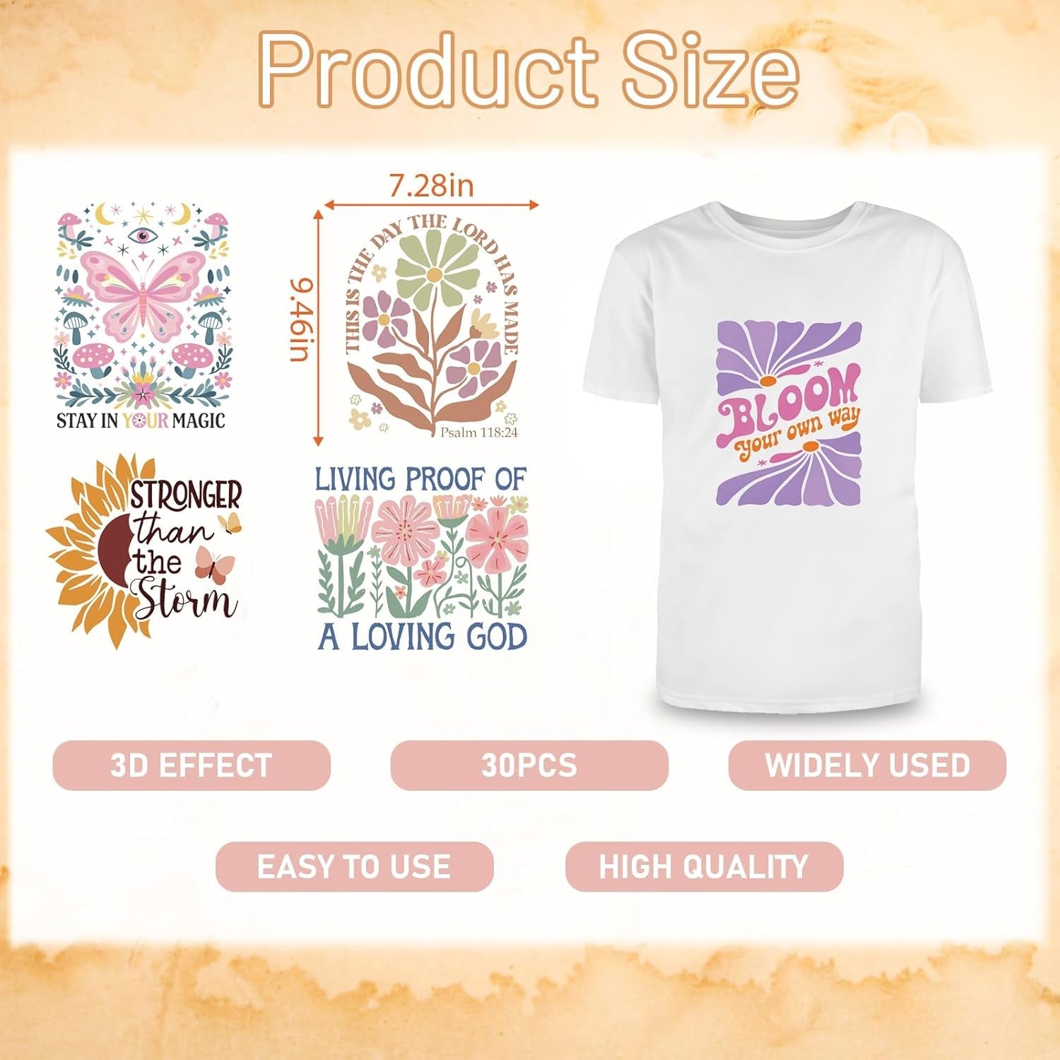 Dtf Transfers Ready to Press - 30 Sheets Boho Floral Iron on Transfers for T Shirts Stickers, Inspirational Bible Heat Transfer Vinyl Crafts, Flowers Iron on Decals for Clothes Bags DIY Designs