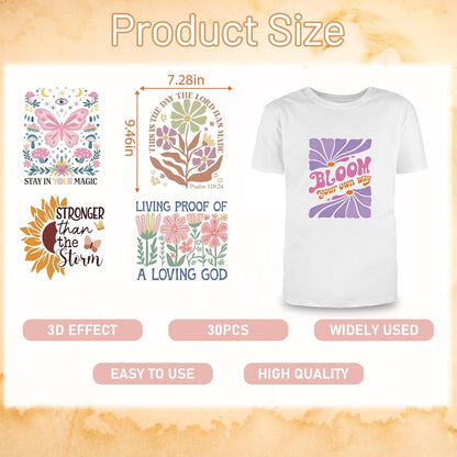 Dtf Transfers Ready to Press - 30 Sheets Boho Floral Iron on Transfers for T Shirts Stickers, Inspirational Bible Heat Transfer Vinyl Crafts, Flowers Iron on Decals for Clothes Bags DIY Designs