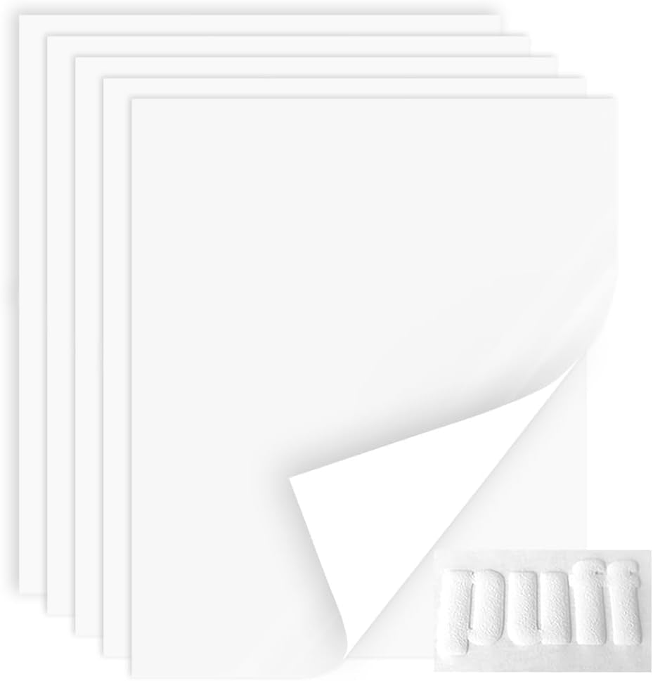 White Puff Vinyl Heat Transfer HTV, 5PCS White Puff Vinyl for T-Shirt, Great Adhesion and Puffy Effect