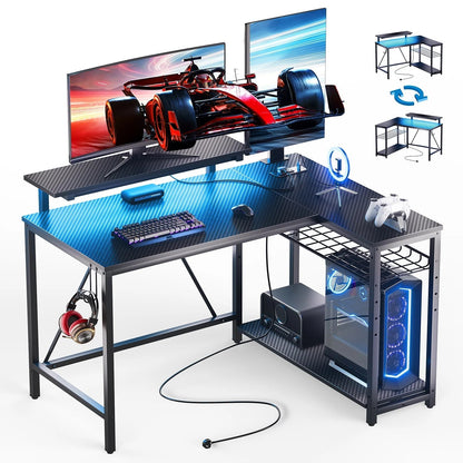 42" Reversible L-Shaped Gaming Desk: Equipped with Power Outlets, LED Lights, Adjustable Shelves & Hooks for Small Spaces ,Bedrooms & Offices, Carbon Fiber Black