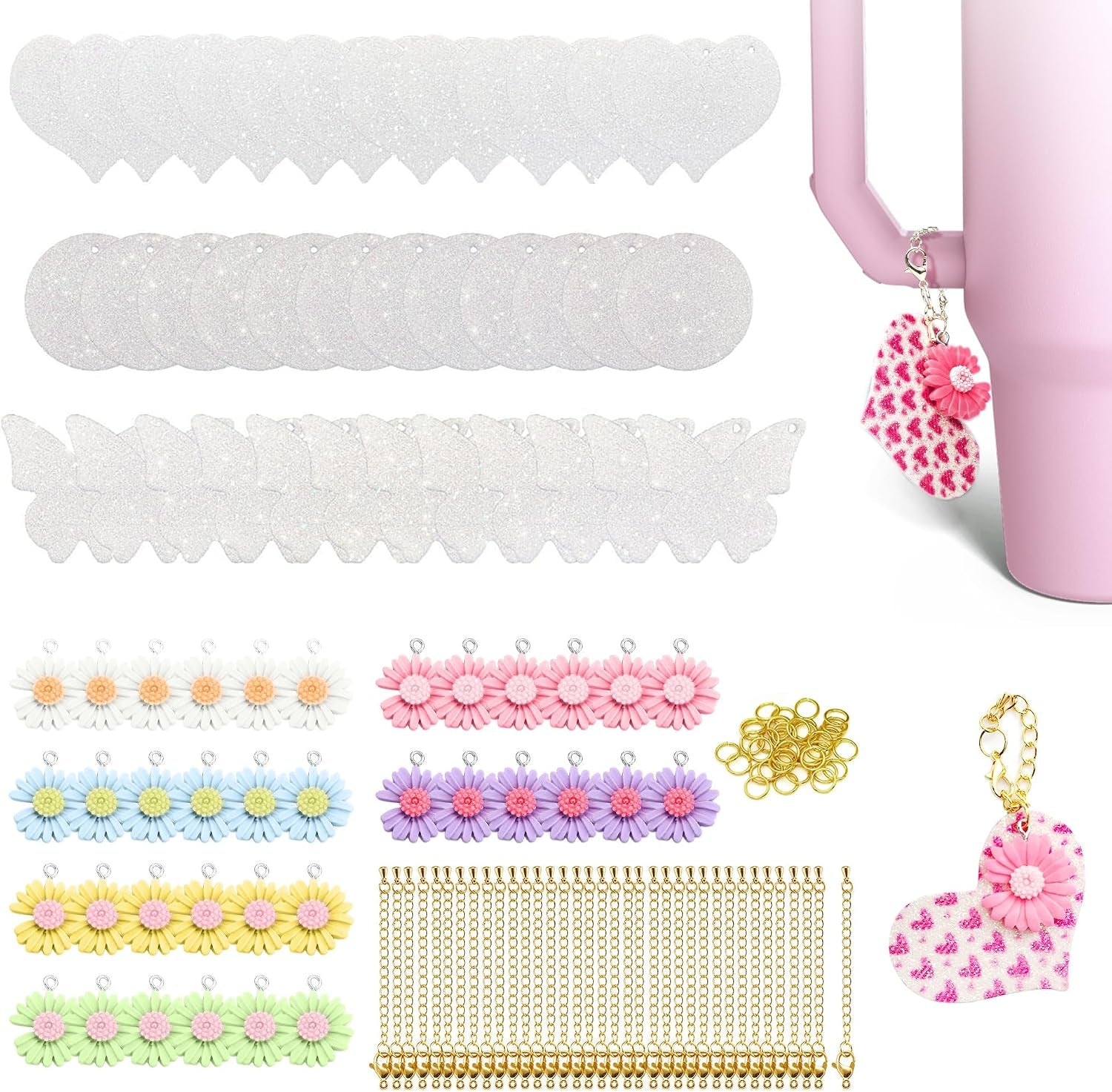 36 Sets Sublimation Blanks for Making Car Cup Charms, Tumbler Cup Accessories for DIY Heat Transfer Craft Gifts, Contains Glitter Blanks Daisy Charms Chains Jump Rings