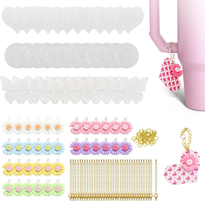 36 Sets Sublimation Blanks for Making Car Cup Charms, Tumbler Cup Accessories for DIY Heat Transfer Craft Gifts, Contains Glitter Blanks Daisy Charms Chains Jump Rings