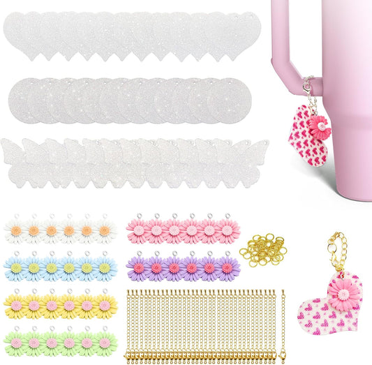 36 Sets Sublimation Blanks for Making Car Cup Charms, Tumbler Cup Accessories for DIY Heat Transfer Craft Gifts, Contains Glitter Blanks Daisy Charms Chains Jump Rings