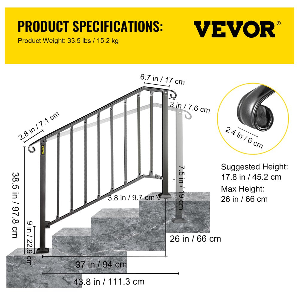 brand Handrail for Stairs Fits 3 or 4 Steps Outdoor Handrail Rail Height Adjustable Wrought Iron Handrail, Matte Black