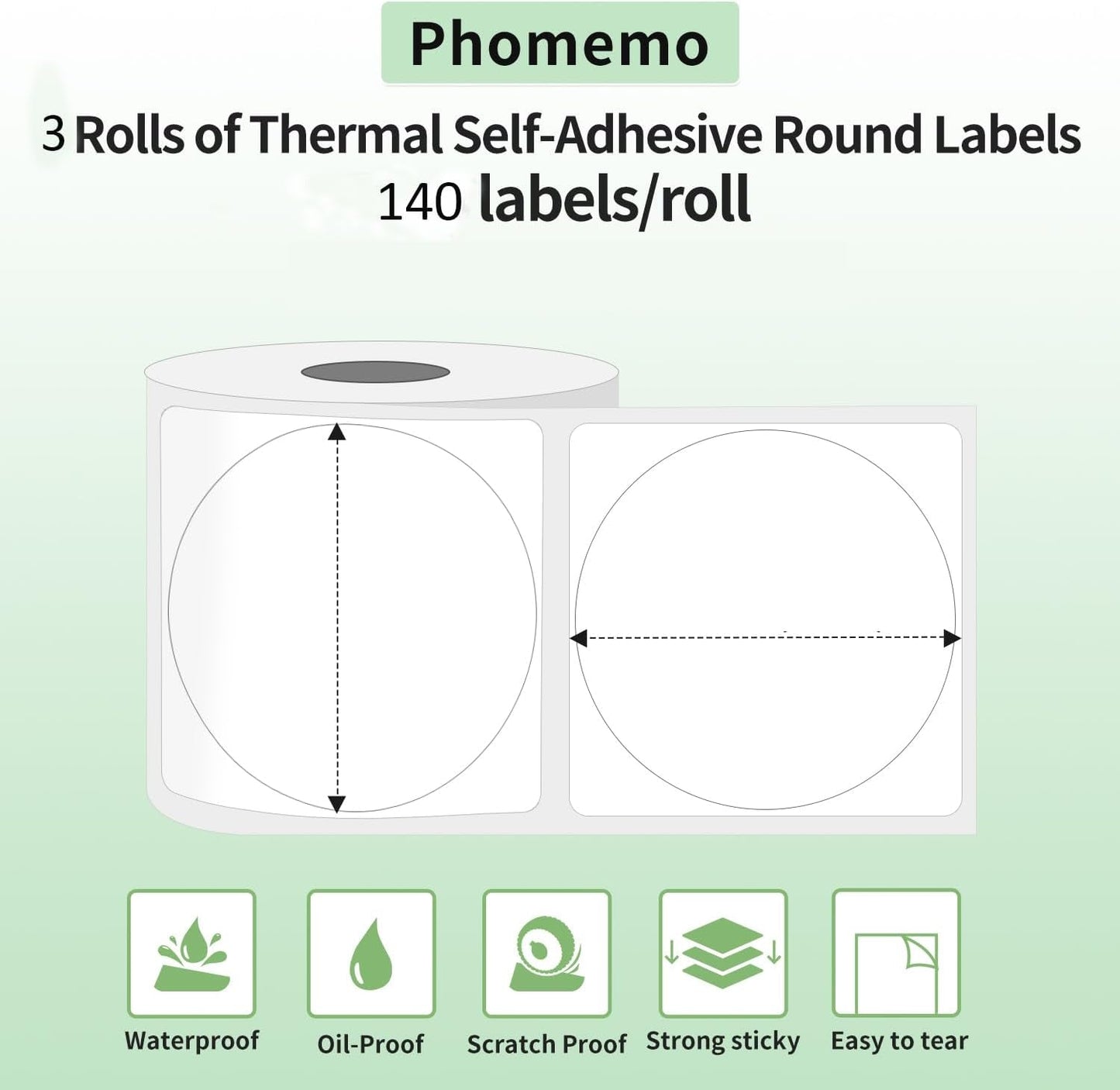 Phomemo Labels- 3 Rolls M110/M100/M220/M221/M150/M250/M108 round Circle Thermal Paper 1.96" X 1.96"（50X50 Mm, Thermal Sticker round Label for Small Business, Name Labels for Kids, School