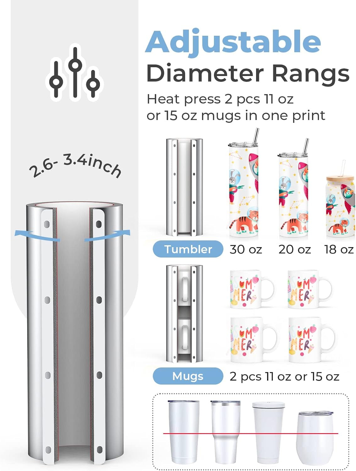 Pro 30 OZ Tumbler Heat Press Machine,  Mug Press for 11 OZ 15 OZ 16 OZ 20 OZ 30 OZ Straight Skinny Sublimation Tumblers, Cup Heat Press DIY Sublimation 30OZ Tumbler Press (Blue)