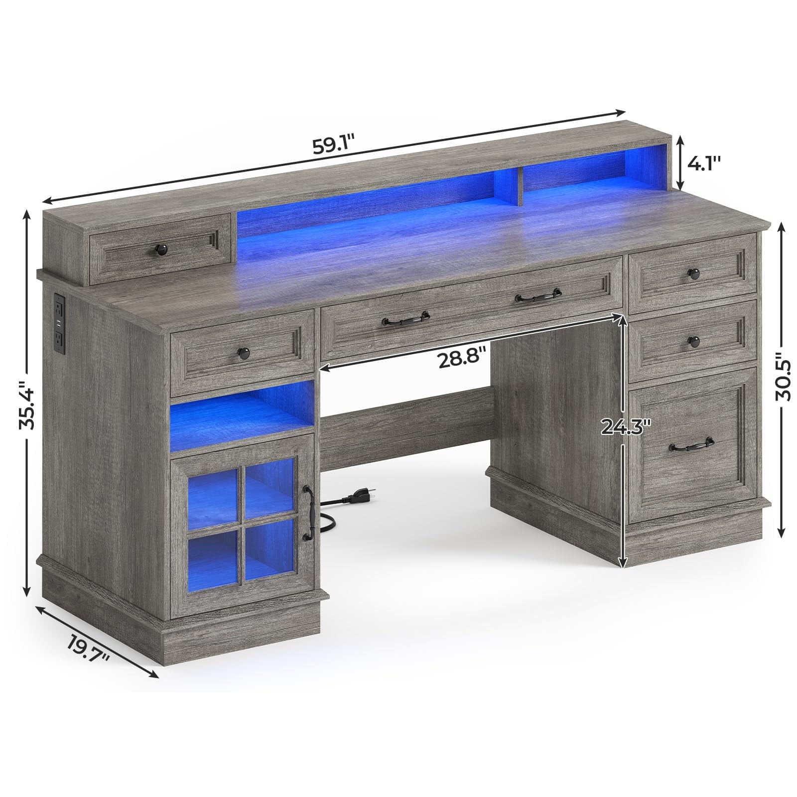 59" Computer Desk with 5 Drawers and Charging Station, Farmhouse Office Desk for Home Office, Gray