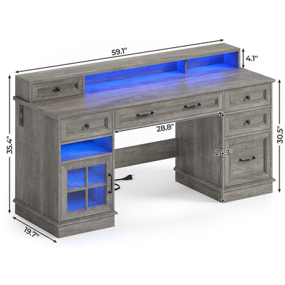 59" Computer Desk with 5 Drawers and Charging Station, Farmhouse Office Desk for Home Office, Gray