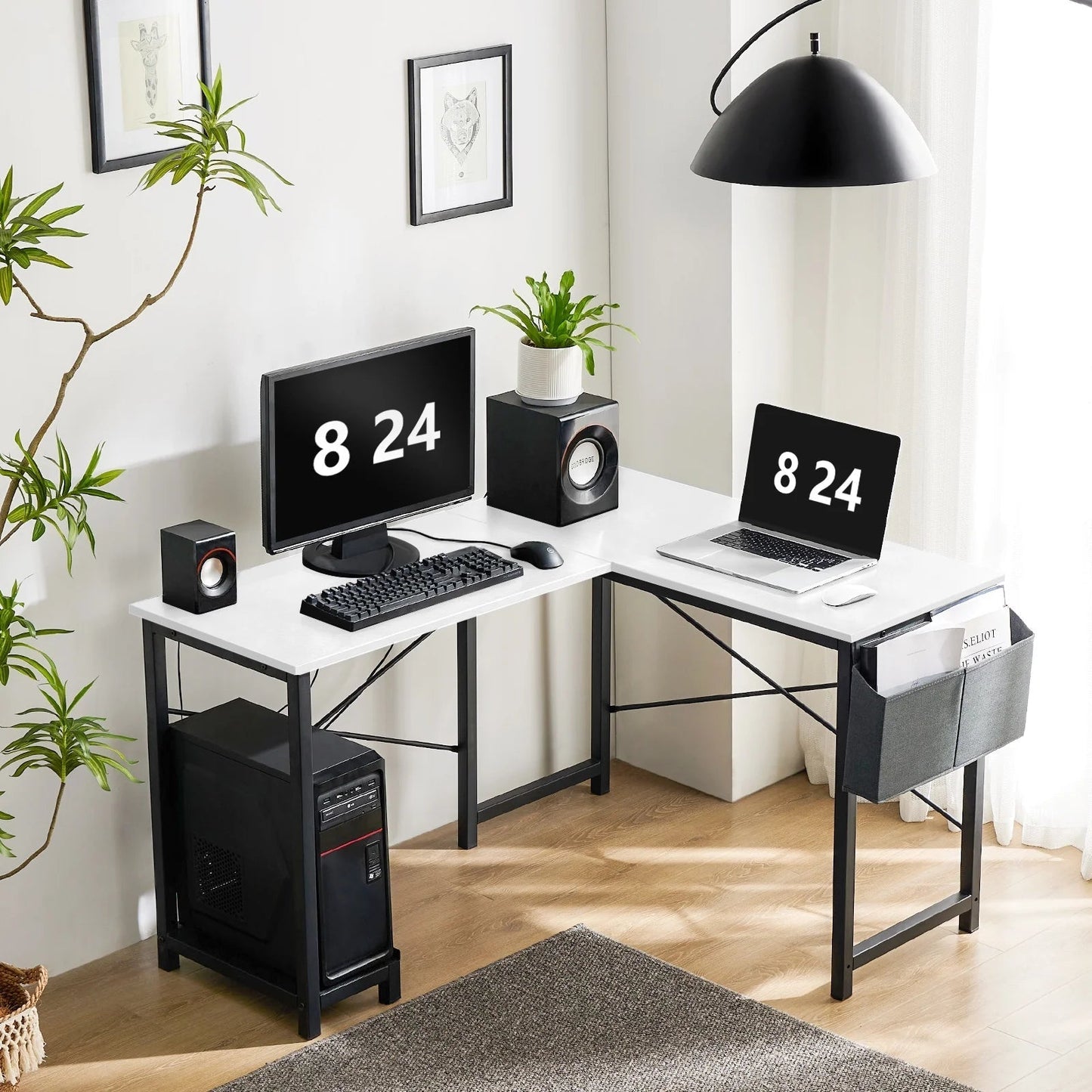 L Shaped Computer Desk with Wooden Desktop CPU Stand Side Bag Reversible, White
