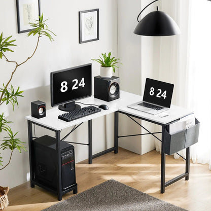 L Shaped Computer Desk with Wooden Desktop CPU Stand Side Bag Reversible, White
