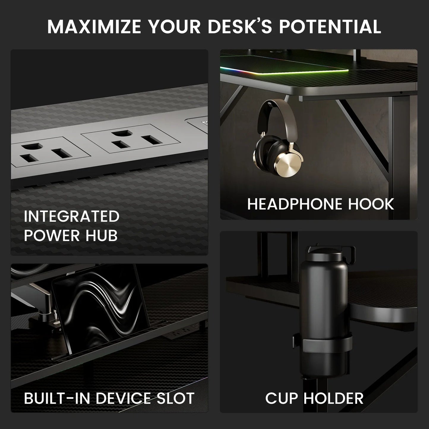 Lumina Elite LED Gaming Desk with USB and Power Outlets, for Home and Office, Monitor Stand and Wireless Charging, Black
