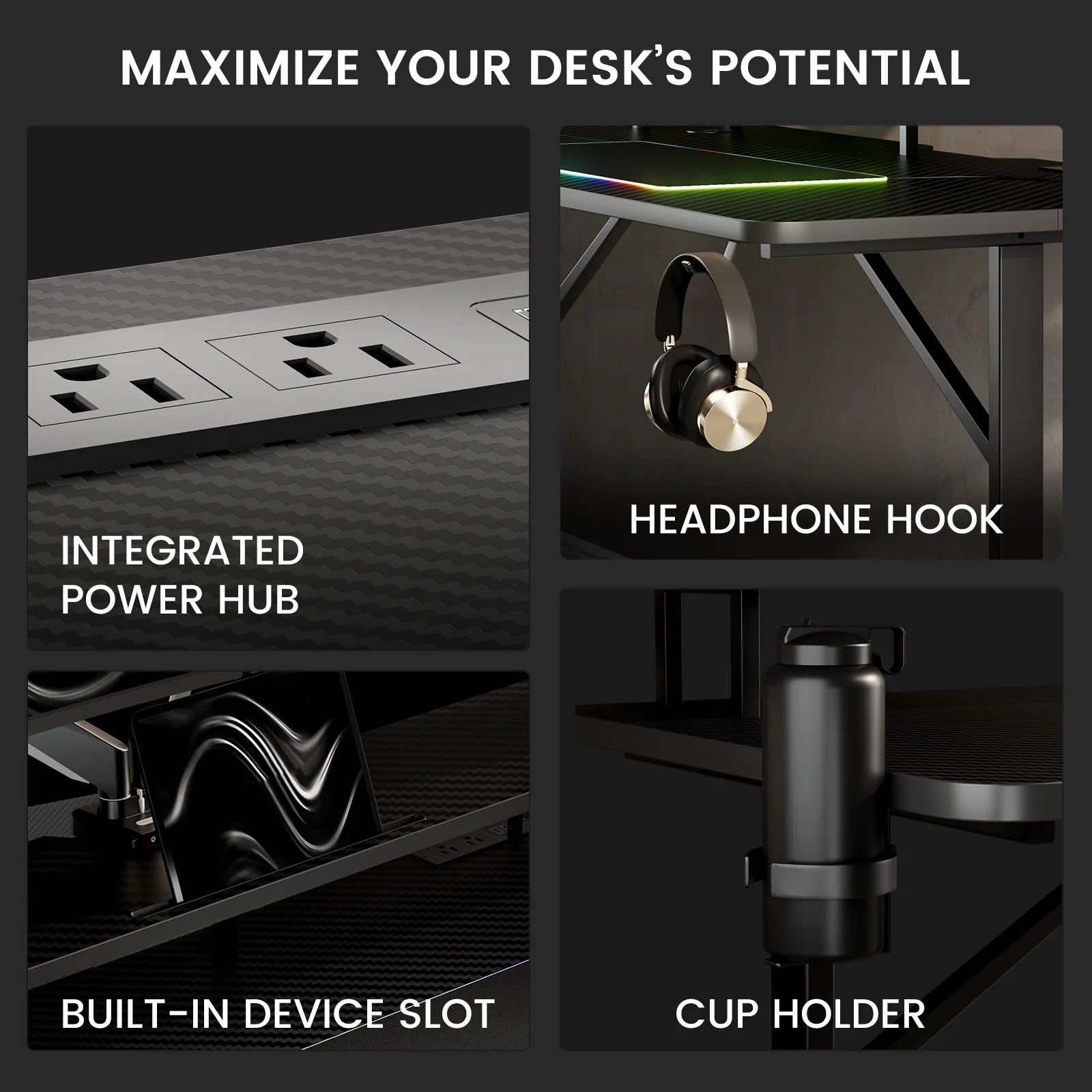 Lumina Elite LED Gaming Desk with USB and Power Outlets, for Home and Office, Monitor Stand and Wireless Charging, Black