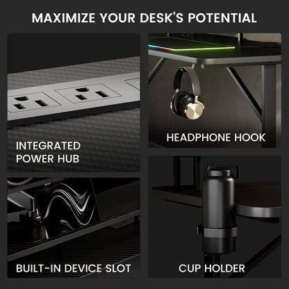 Lumina Elite LED Gaming Desk with USB and Power Outlets, for Home and Office, Monitor Stand and Wireless Charging, Black