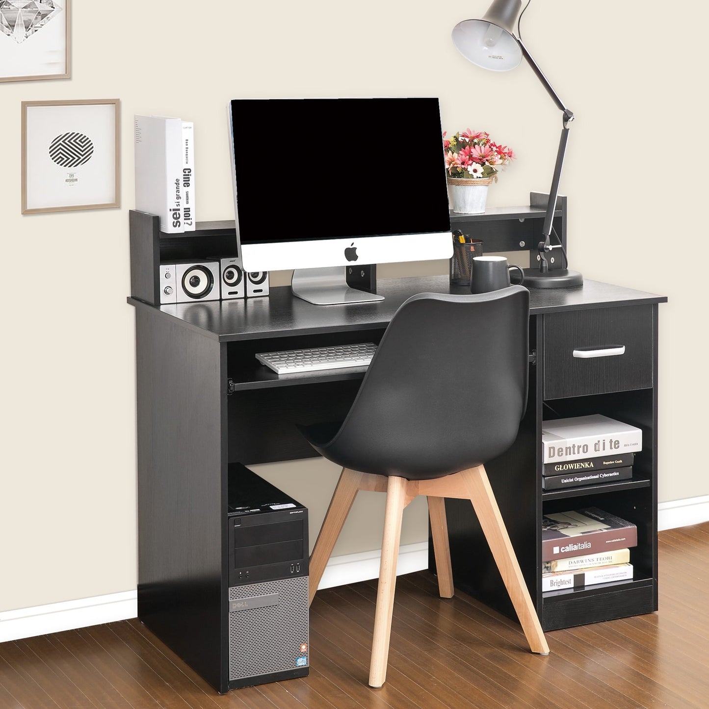 Wood Computer Desk Office Black Laptop PC Work Table Home Drawer & Keyboard Tray