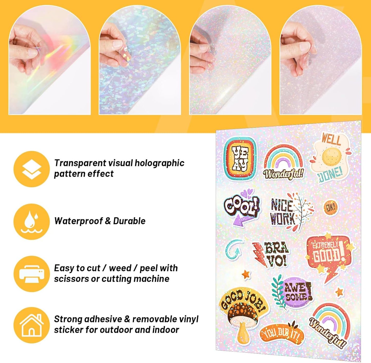 Holographic Laminate Sheets for Stickers Self Adhesive Vinyl Laminating Sheets Holographic Sticker Paper Clear Vinyl for Inkjet Printer 8.26" X 11.69" A4 28 Sheets (Rainbow,Gem,Star, Sparkle)