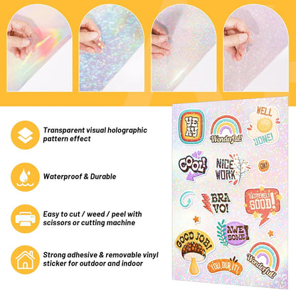 Holographic Laminate Sheets for Stickers Self Adhesive Vinyl Laminating Sheets Holographic Sticker Paper Clear Vinyl for Inkjet Printer 8.26" X 11.69" A4 28 Sheets (Rainbow,Gem,Star, Sparkle)