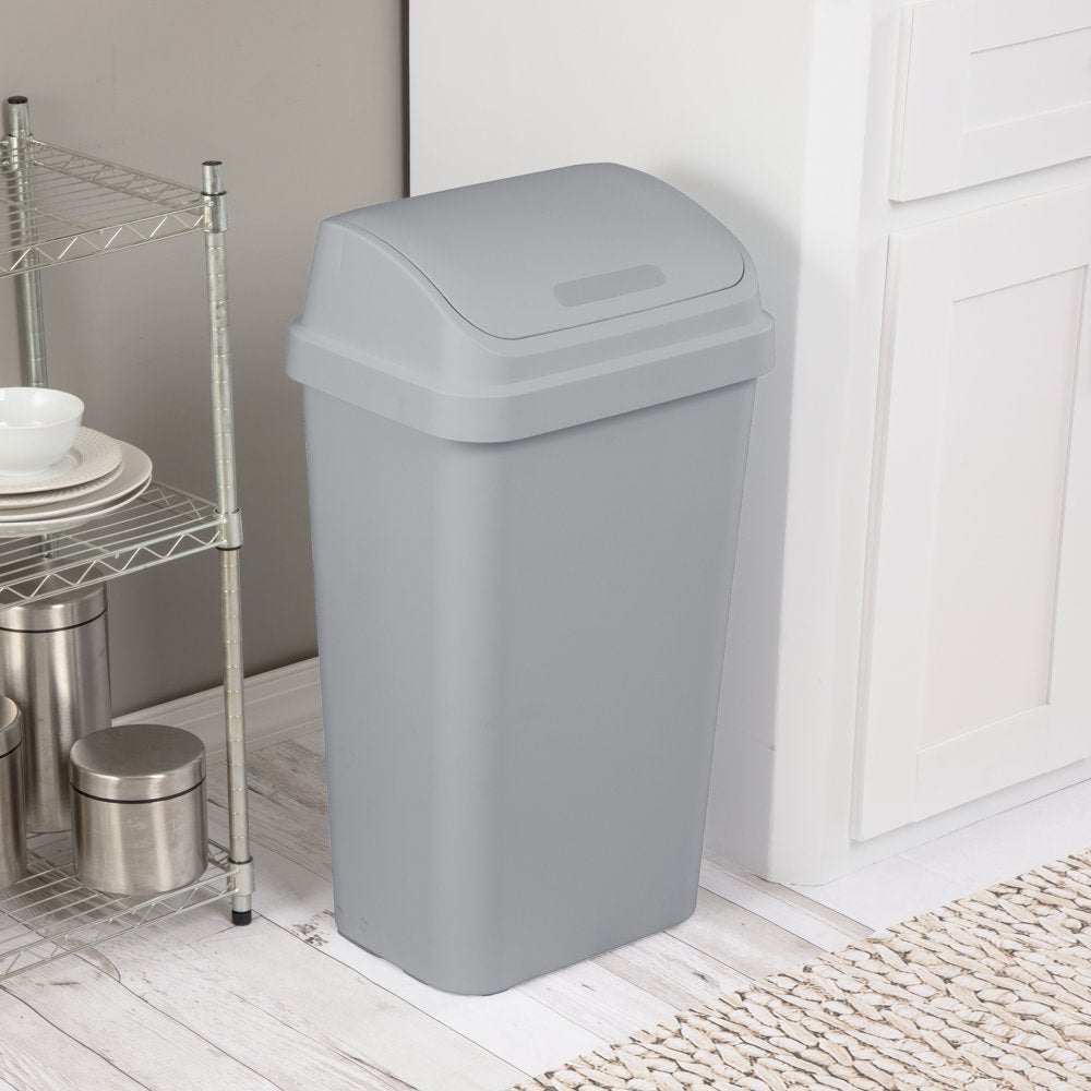 13 Gallon Trash Can, Plastic Swing Top Kitchen Trash Can, Gray