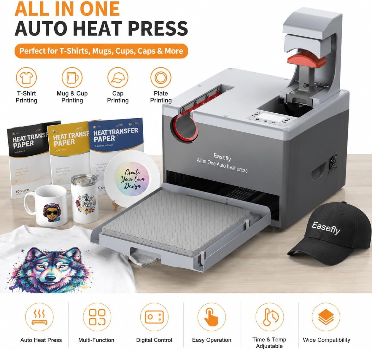 Automatic Heat Press Machine 15X15, Commercial Heat Transfer Press for T-Shirts, Tumblers, Hats & Mugs, Digital Temperature Control for DTF, HTV Vinyl & Sublimation Printing.