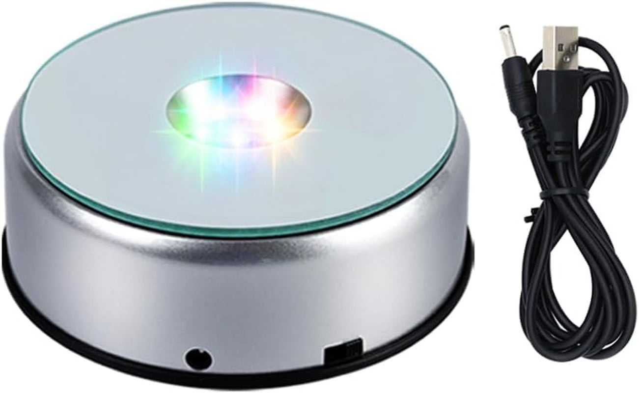 Rotating Display Stand Light Base Colorful Cup Display Turner Spinner Light Tumbler Crystal Turning Display Base Stand with USB Power Cable for Crystals Glass Jewelry Art Gift